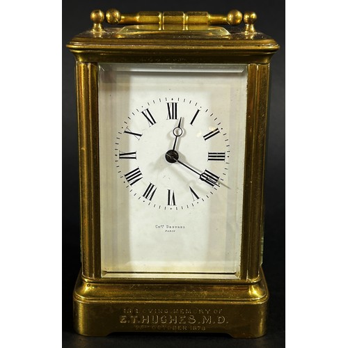 441 - 19th century French carriage clock with enamelled dial and presentation script dated 1878, eight day... 