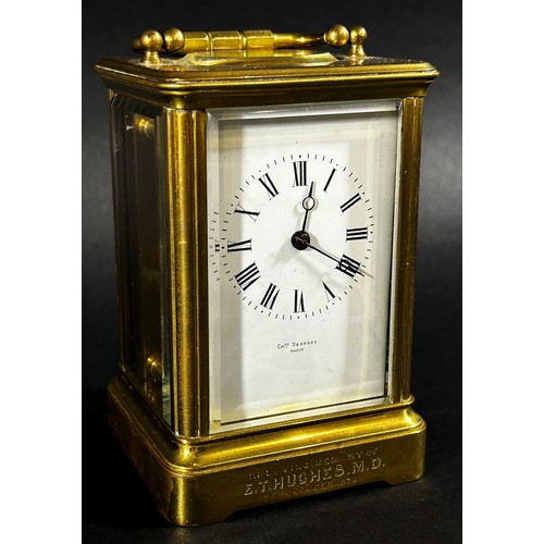 441 - 19th century French carriage clock with enamelled dial and presentation script dated 1878, eight day... 