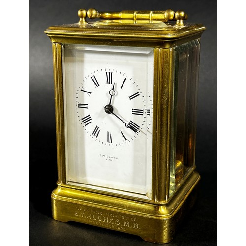 441 - 19th century French carriage clock with enamelled dial and presentation script dated 1878, eight day... 