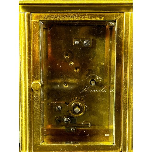 441 - 19th century French carriage clock with enamelled dial and presentation script dated 1878, eight day... 