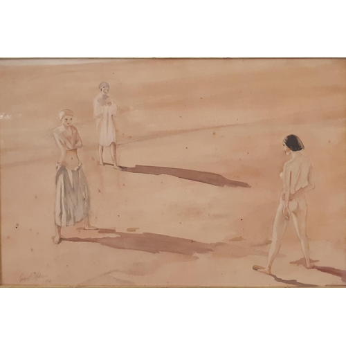 646 - Attributed to Robert Gemmell Hutchison (Scottish, 1855-1936), Three standing figures at the beach, s... 