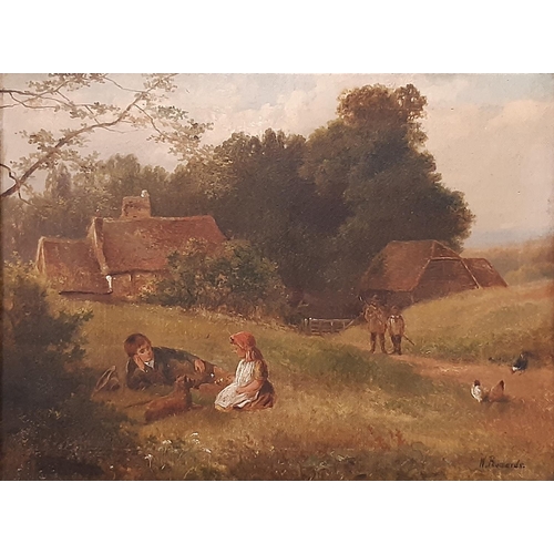 648 - W. Richards (British, 19th Century) - Country scene with two children and a dog resting in the grass... 