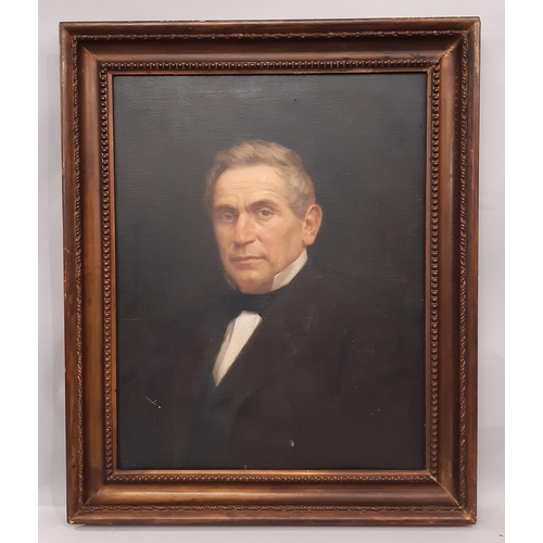 Michele Gordigiani (Italian, 1835-1909) - A Half Portrait of a Gentleman wearing a Bowtie, in chiaroscuro light with his head turned slightly to his left looking out of the painting towards the viewer, signed upper right corner, with 'M. Gordigiani' inscribed in pencil to the stretcher verso, oil on canvas, 72.5 x 56 cm, in faded gilt frame with moulded details, frame size: 86 x 70.5 cm