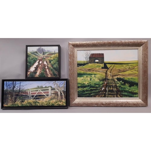 701 - Three contemporary oil paintings of country scenes, to include: Mick Dean (British) - 'Tractor Track... 