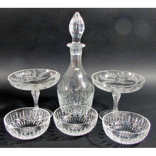 147 - A pair of 18th century fern engraved raised cut glass dishes, six glass cake/fruit stands, a Waterfo... 