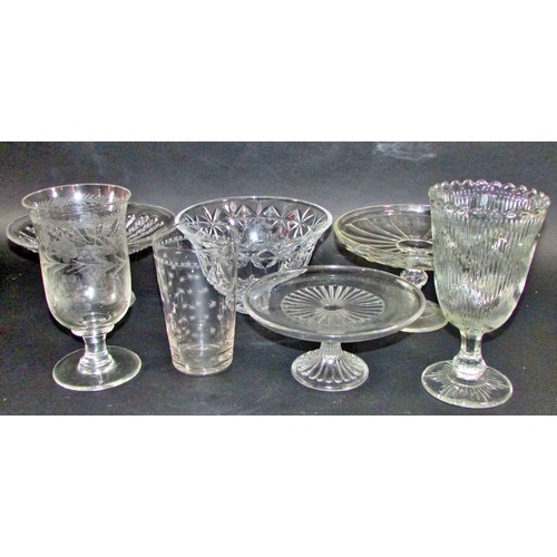 147 - A pair of 18th century fern engraved raised cut glass dishes, six glass cake/fruit stands, a Waterfo... 