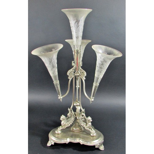 155A - A 19th century silver plated epergne centrepiece with a central fern etched trumpet vase with three ... 