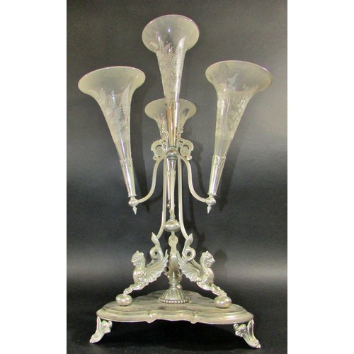 155A - A 19th century silver plated epergne centrepiece with a central fern etched trumpet vase with three ... 