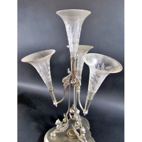 155A - A 19th century silver plated epergne centrepiece with a central fern etched trumpet vase with three ... 