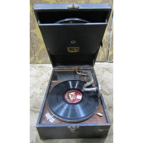 1110 - Two vintage table top  HMV windup gramophones in oak cabinets together with one other (3)