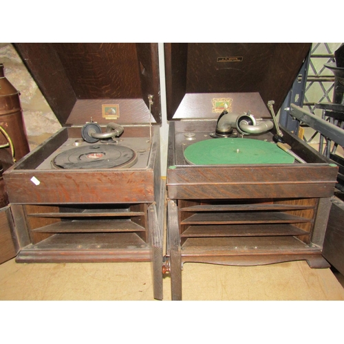 1110 - Two vintage table top  HMV windup gramophones in oak cabinets together with one other (3)