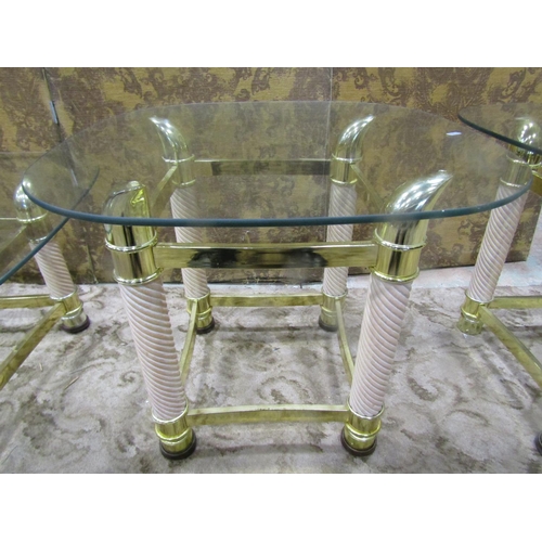 1124 - A set of three contemporary brass and timber occasional tables (a pair and one larger) all with oval... 