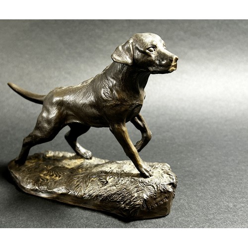 541 - A small bronze recumbent whippet, 21cm from nose to tail (base length) together  with a bronzed resi... 