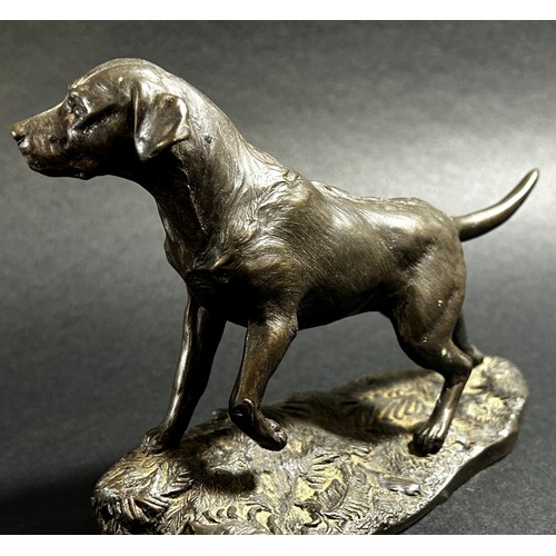 541 - A small bronze recumbent whippet, 21cm from nose to tail (base length) together  with a bronzed resi... 