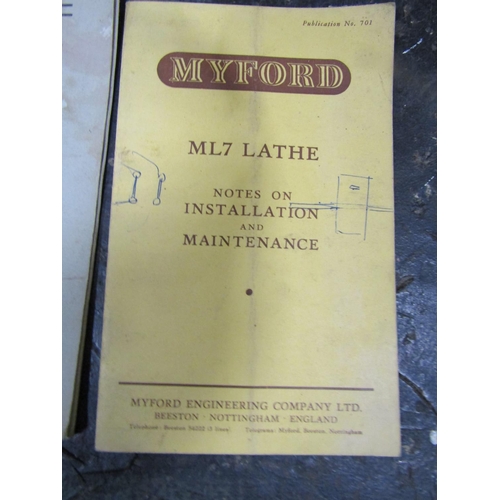 1093 - A vintage Myford lathe 109 cm length x 44 depth together with literature