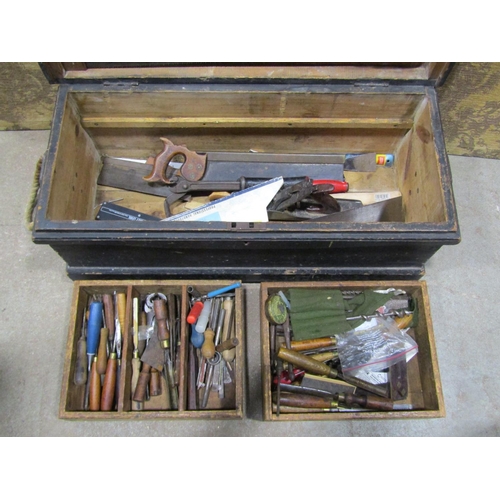 1094 - A Victorian pine blanket chest containing a quantity of woodworking and other tools, together with a... 