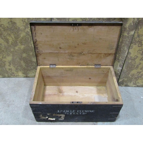 1096 - An Ex-military pine and steel banded travel trunk with stencil detail