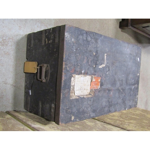 1096 - An Ex-military pine and steel banded travel trunk with stencil detail