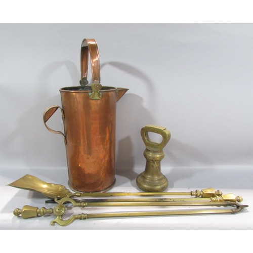 479A - A 19th century 6 quart copper measuring jug, brass 14lb bell weight, a fire poker, tongs and a coal ... 