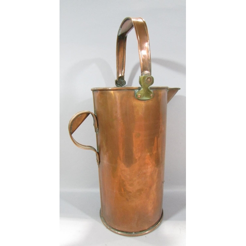 479A - A 19th century 6 quart copper measuring jug, brass 14lb bell weight, a fire poker, tongs and a coal ... 