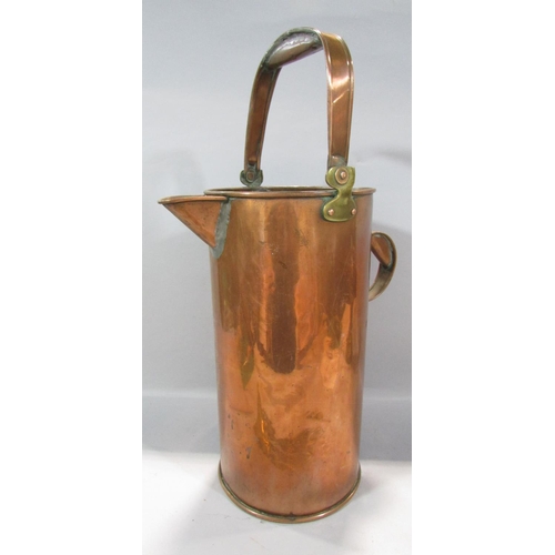 479A - A 19th century 6 quart copper measuring jug, brass 14lb bell weight, a fire poker, tongs and a coal ... 