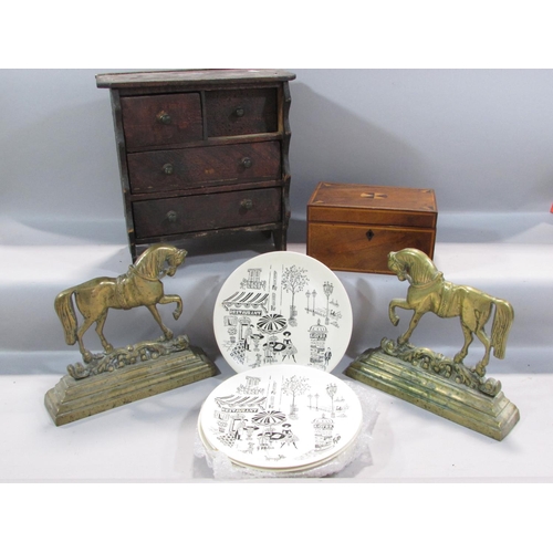 480 - A miniature pine chest of drawers (possibly an apprentice piece) a tea caddy and pair of brass horse... 