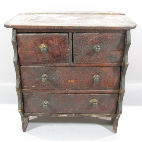 480 - A miniature pine chest of drawers (possibly an apprentice piece) a tea caddy and pair of brass horse... 