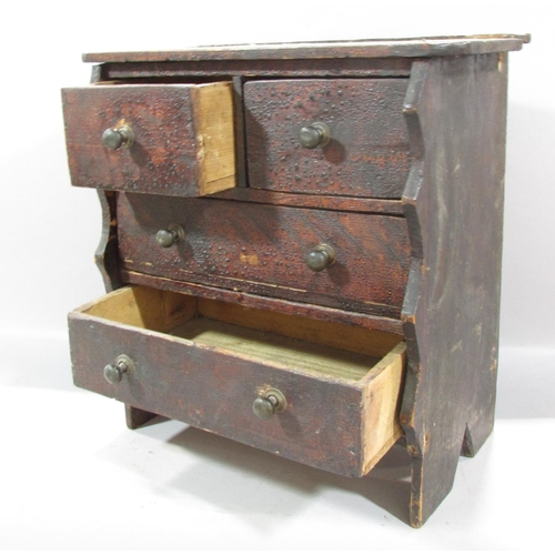 480 - A miniature pine chest of drawers (possibly an apprentice piece) a tea caddy and pair of brass horse... 