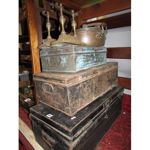 484 - A miscellaneous collection of items including, a black tin trunk initialled EW, two further metal st... 