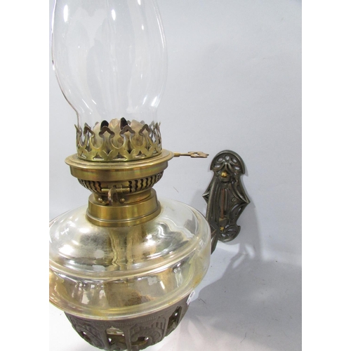 543 - A Victorian cast iron adjustable pendant oil lamp, with an electric conversion and opaque white shad... 