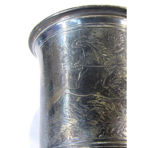 168 - A Victorian birthday gift of a small silver tankard engraved with a North American native on horseba... 