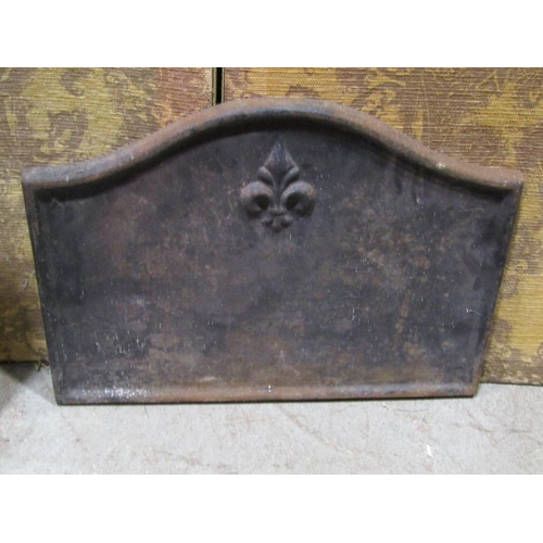 1045 - A small simple cast iron fire back of arched form with fleur-de-lys detail, 42 cm high x 57 cm wide,... 