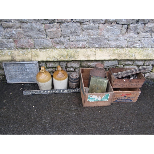 1069 - Two vintage stoneware flagons with impressed and printed merchants marks, 30 cm high, a vintage hand... 