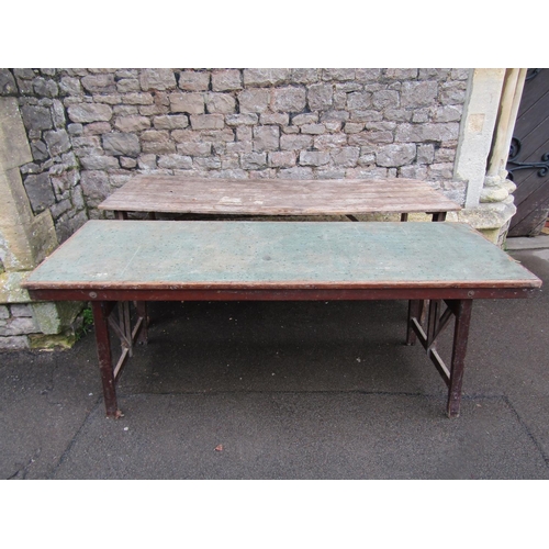 1076 - Two vintage folding trestle tables, one in pine with folding framework