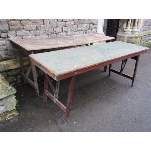 1076 - Two vintage folding trestle tables, one in pine with folding framework