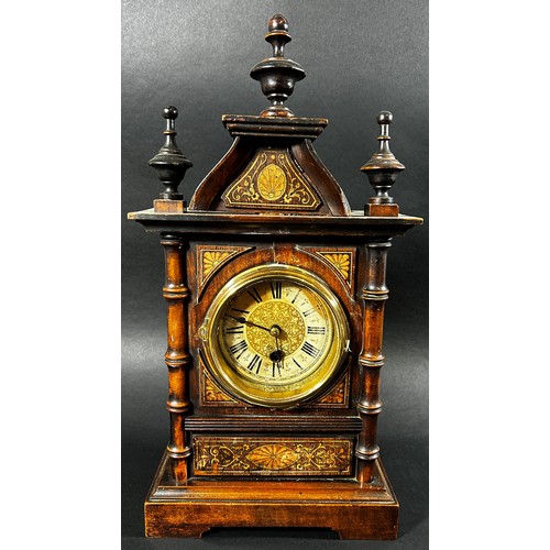 433 - A small late 19th century German mantle clock, architectural form with inlaid case, 42 cm high, 23 c... 