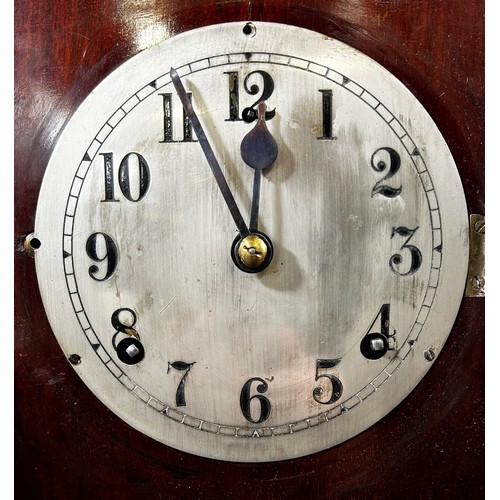 434 - An inlaid mahogany Edwardian mantle clock, with silvered dial, pendulum