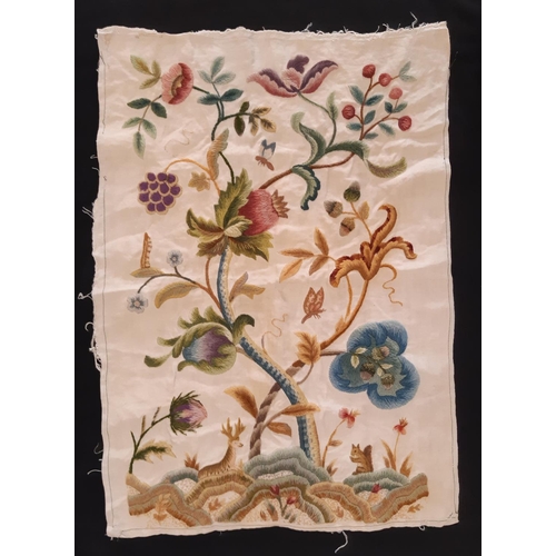 885 - Small collection of early 20th century textiles including an embroidered panel featuring woodland an... 