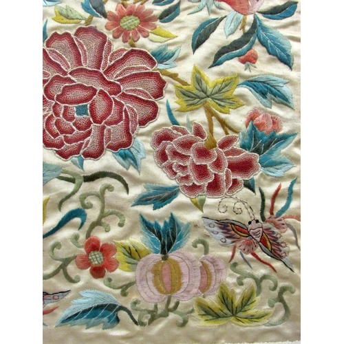 674 - Two 20th century Chinese silk embroideries, depicting floral sprays with ripe fruit and butterflies,... 