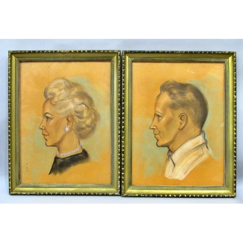 681 - 20th Century School - Pair of couple portraits, quarter length, both in profile looking left, pastel... 