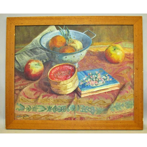 682 - Three 20th century paintings, to include: Nellie Wallis - Still life with fruit, colander and newspa... 