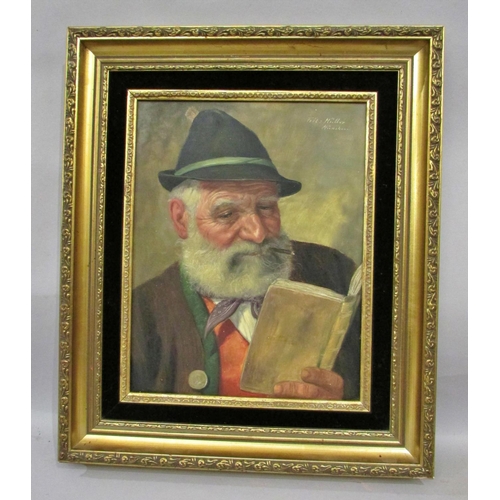 691 - Fritz Muller (German, 1867-1926) - Portrait of a bearded man smoking and reading, signed and inscrib... 