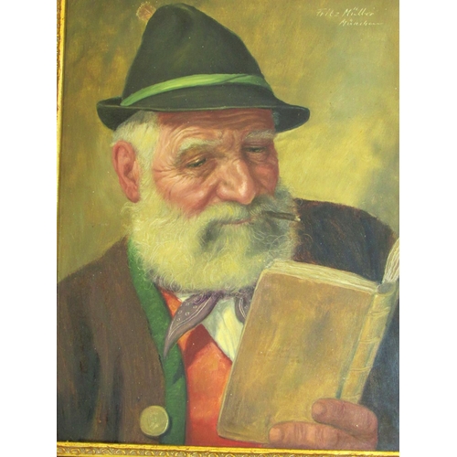 691 - Fritz Muller (German, 1867-1926) - Portrait of a bearded man smoking and reading, signed and inscrib... 