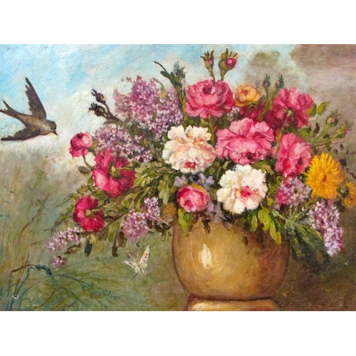 694 - J. Letiennest (19th/20th century) - Still life of urn of flowers with bird and butterfly, signed low... 