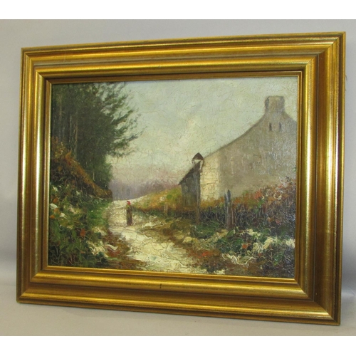 699 - 19th Century European School - Village path view with figure by a house in thick impasto , indistinc... 