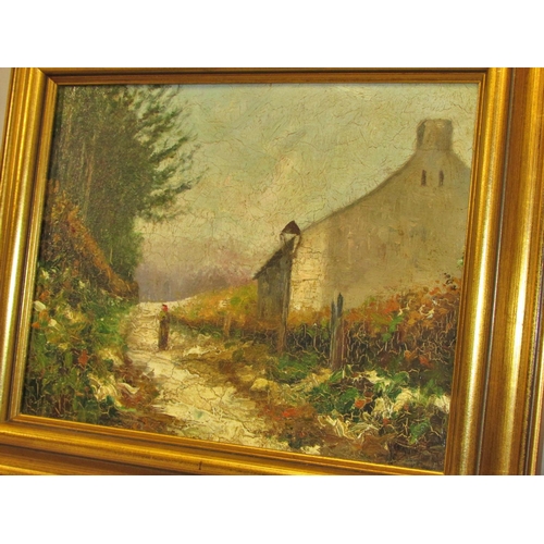 699 - 19th Century European School - Village path view with figure by a house in thick impasto , indistinc... 