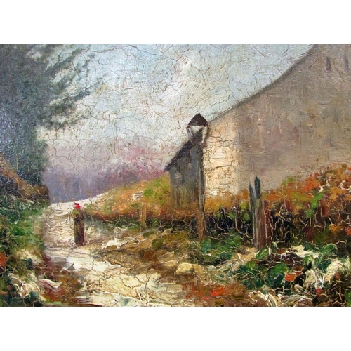 699 - 19th Century European School - Village path view with figure by a house in thick impasto , indistinc... 