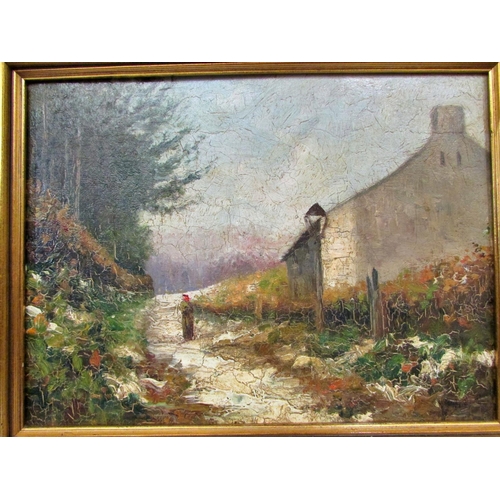 699 - 19th Century European School - Village path view with figure by a house in thick impasto , indistinc... 