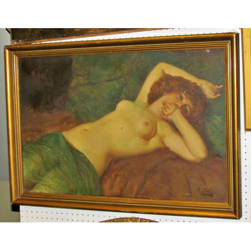 703 - Early 20th Century French School - Nude lying down, signed 'H.Caty'? lower right, oil on canvas, 45 ... 