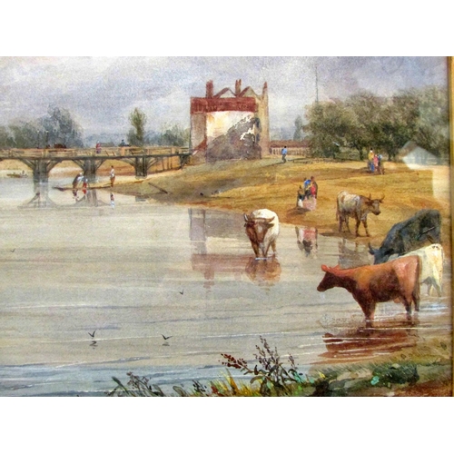 711 - S. Wilkes (19th Century) - Rural view populated with figures and cattle with a bridge in the distanc... 